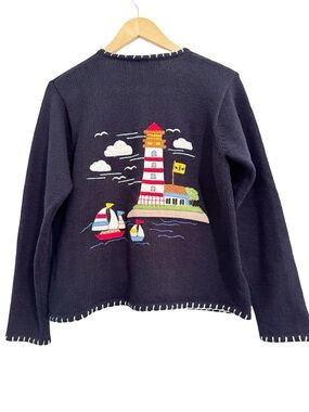Vintage Marisa Christina Nautical Lighthouse Cardigan Sweater Navy Medium